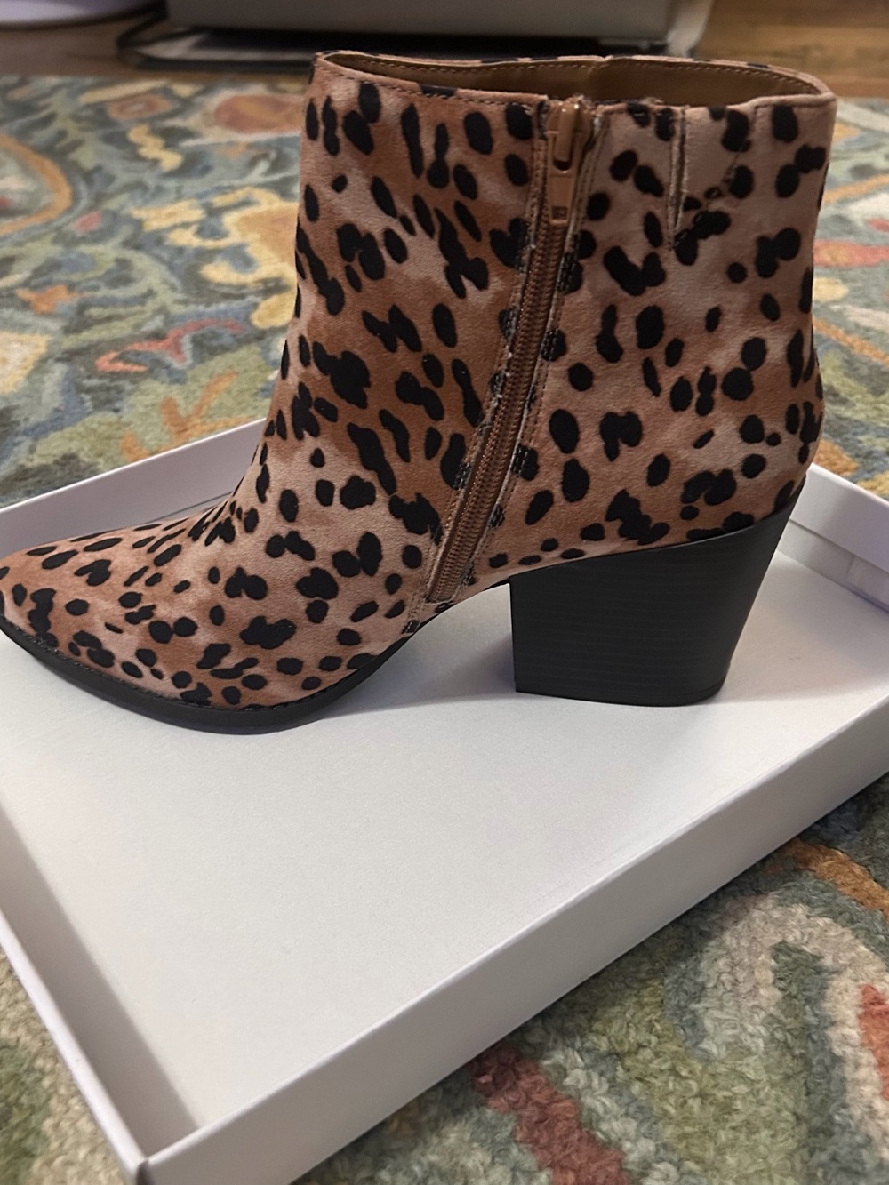 Kaari Blue Leopard Print Ankle Booties in Tan and Black